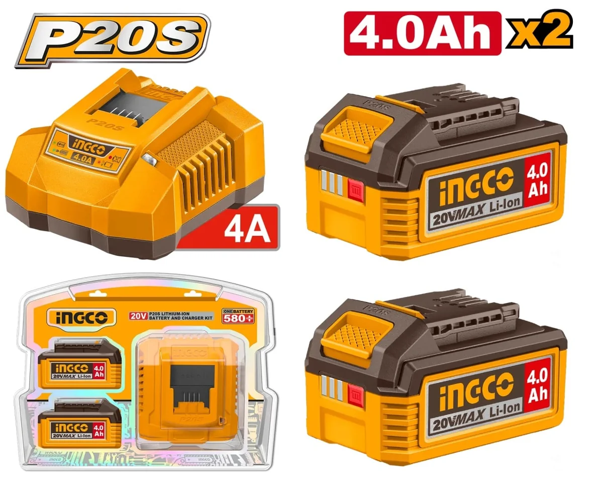 Set 2 Baterii 20V 4Ah + Incarcator Rapid Ingco – FBCPK2013E, Li-Ion, 4A, Compatibil Platforma P20S, Cu LED Indicator