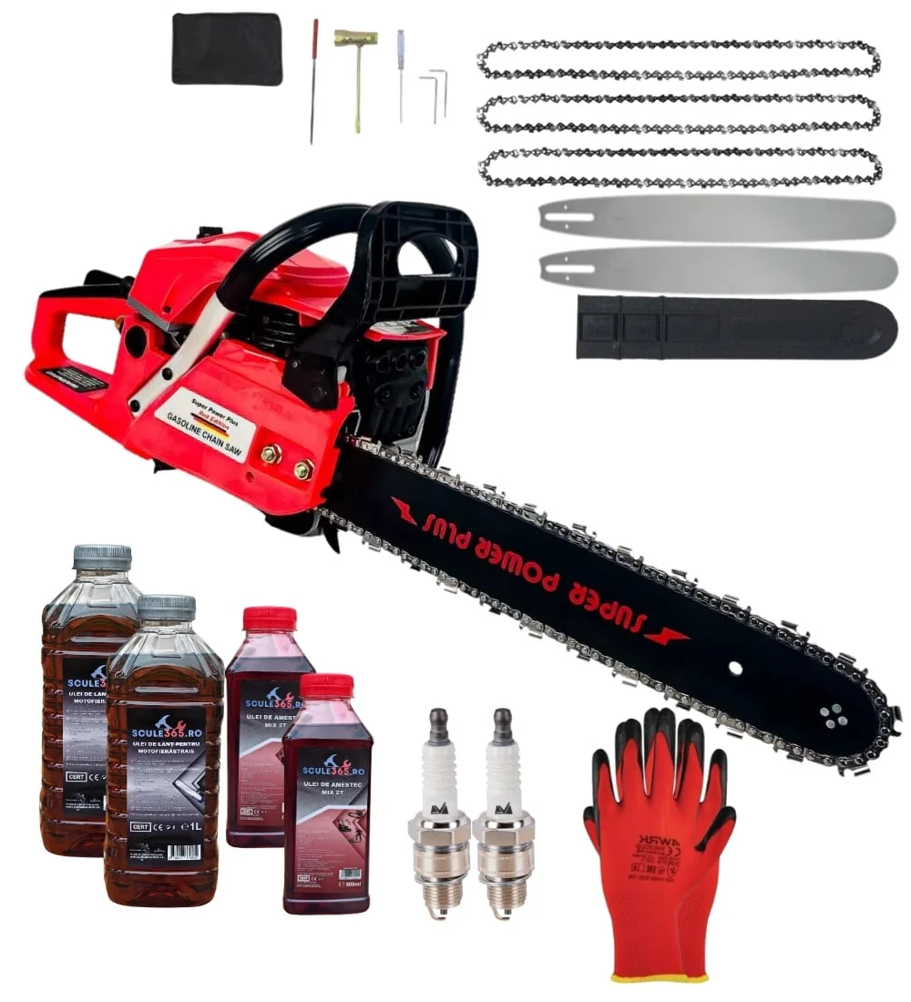 Pachet 8.8CP 58cmc Drujba Benzina + 3 Lanturi + 2 Lame + 2x Ulei Ungere Lant 1L + 2x Ulei Amestec 0.5L + 2x Bujii + Accesorii + Manusi Protectie Craft-Tec Germany, Super Power Plus Red Edition