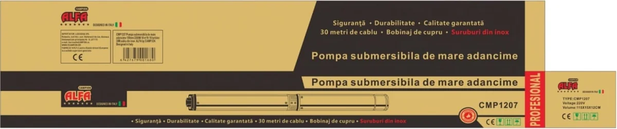 Pompa Submersibila De Mare Adancime Alfa CMP1560, 4QJD2-80/16-2.2, 16 Turbine, 2.2kW (3HP), 10.000 L/H, Hmax 160m, Cablu 30m, Diametru 100mm, Racord 1-1.5", 110-220V, Bobinaj Cupru, Inox – Contine Taxa EEE 35 RON