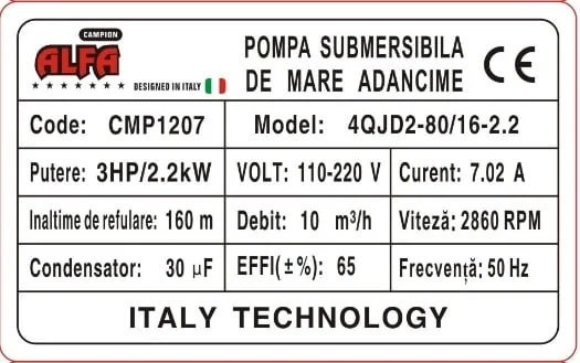 Pompa Submersibila De Mare Adancime Alfa CMP1560, 4QJD2-80/16-2.2, 16 Turbine, 2.2kW (3HP), 10.000 L/H, Hmax 160m, Cablu 30m, Diametru 100mm, Racord 1-1.5", 110-220V, Bobinaj Cupru, Inox – Contine Taxa EEE 35 RON