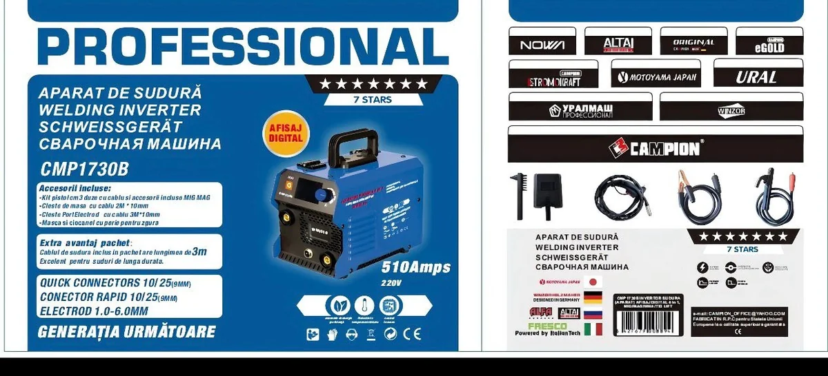 Aparat De Sudura Tip Invertor Cu Sarma 510A, MMA/MIG/MAG (TIG Optional) *CABLU Sudura 3M*, Afisaj Digital, Ventilat, URAL MASH IGBT Tehnology Ultra Hybrid Power, CMP1730B