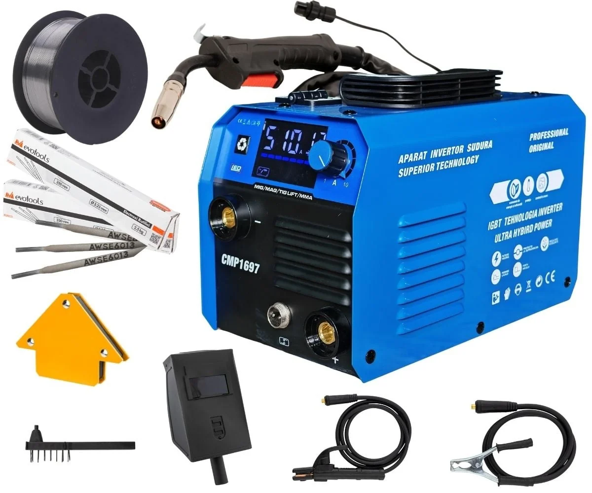 Super Pachet Aparat De Sudură Tip Invertor Cu Sârmă 495A + X2 Pachet Electrozi 1kg, X1 Sârmă Sudură 1kg, Magnet Sudură, MMA/MIG/MAG Afișaj Digital, Ventilat, URAL MASH IGBT Tehnology Ultra Hybrid Power, CMP1697