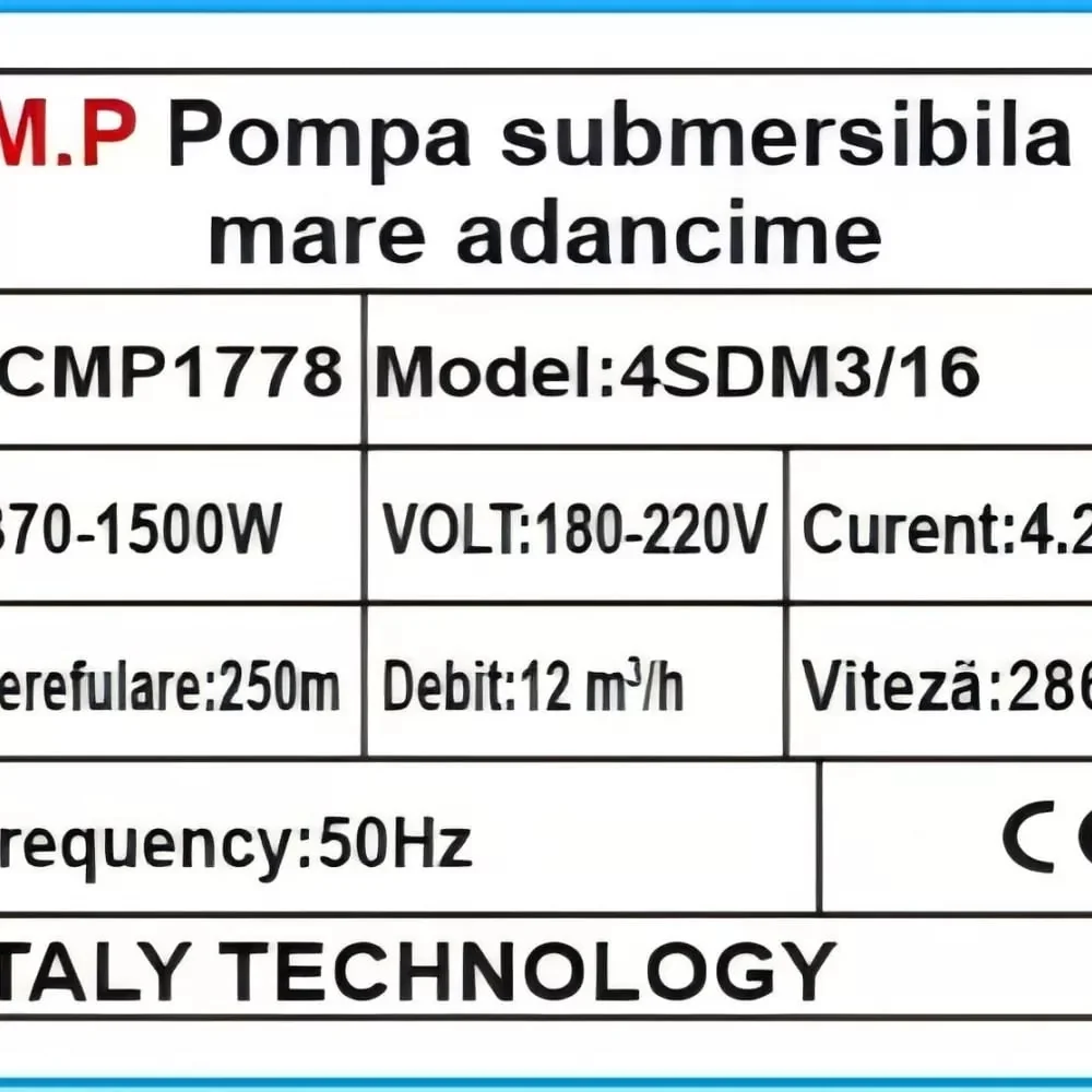 Pompa Submersibila De Mare Adancime Multietajata 4SDM3/16 CMP1778, 16 Turbine, Debit 12 M³/H (12.000 L/H), Inaltime Refulare 250 M, Alimentare 220 V, Diametru 4", Cablu 30 M, Carcasa Inox, Pentru Apa Curata