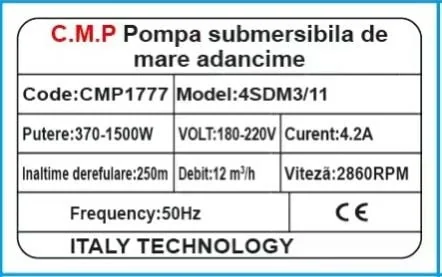 Pompa Submersibila Multietajata Apa Curata, 4SDM3/11, 1500W, 11 Turbine, Cablu 30M, Inaltime Refulare 108M, Debit 3000 L/H, CMP1777