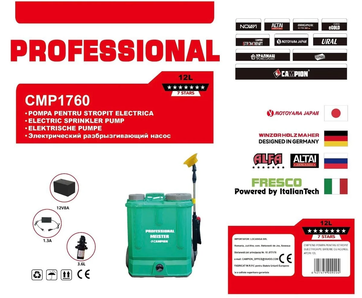 Pompa De Stropit Electrica Pe Baterie Cu Acumulator CMP1760, 12L, 12V, Presiune 2-4 Bar, Autonomie Pana La 4 Ore, Lance Telescopica Inox, Duze Multiple, Incarcator Inclus, Sistem Purtare Ergonomic