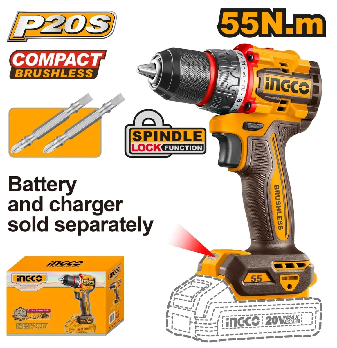 Bormasina/Insurubanta Cu Motor Brushless, 20V, 55Nm, Mandrina Metalica 13Mm, Fara Baterie, Cdli205581