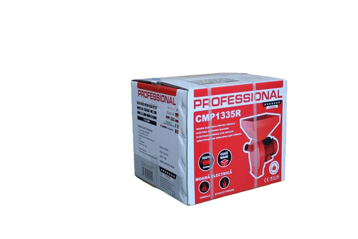 Moara Electrica Rosie Pentru Uruiala Cmp1335R, 4.5Kw, 300Kg/Ora, Motor Electric 100% Cupru, 20 Ciocanele, 4 Site Interschimbabile, Cuva Metalica Extra Mare, Butuc Direct Pe Ax, Protectie Suprasarcina