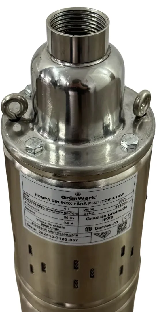 Pompa Inox Submersibila Cu Snec Fara Plutitor GW GW7182, Putere 1.1KW (1100W), Cablu 9.5m, Inaltime 51.5cm, Latime 10.5cm, Circumferinta 31cm, Carcasa Otel Inoxidabil, Pentru Apa Curata Sau Usor Murdara