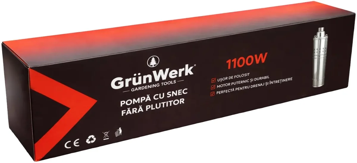 Pompa Inox Submersibila Cu Snec Fara Plutitor GW GW7182, Putere 1.1KW (1100W), Cablu 9.5m, Inaltime 51.5cm, Latime 10.5cm, Circumferinta 31cm, Carcasa Otel Inoxidabil, Pentru Apa Curata Sau Usor Murdara