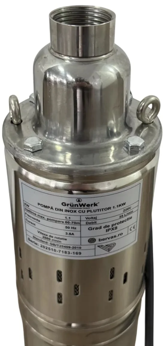 Pompa Inox Cu Snec Submersibila Cu Plutitor Automat GW GW7183, Putere 1.1KW (1100W), Cablu 9.5m, Inaltime 52cm, Latime 10cm, Circumferinta 31cm, Carcasa Otel Inoxidabil, Pentru Apa Curata Sau Usor Murdara