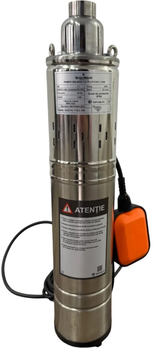 Pompa Inox Cu Snec Submersibila Cu Plutitor Automat GW GW7183, Putere 1.1KW (1100W), Cablu 9.5m, Inaltime 52cm, Latime 10cm, Circumferinta 31cm, Carcasa Otel Inoxidabil, Pentru Apa Curata Sau Usor Murdara