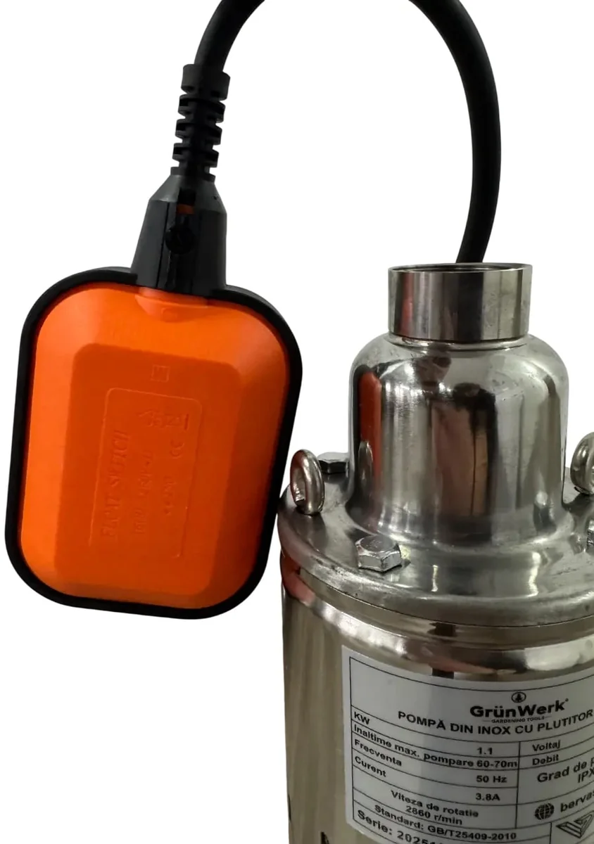 Pompa Inox Cu Snec Submersibila Cu Plutitor Automat GW GW7183, Putere 1.1KW (1100W), Cablu 9.5m, Inaltime 52cm, Latime 10cm, Circumferinta 31cm, Carcasa Otel Inoxidabil, Pentru Apa Curata Sau Usor Murdara