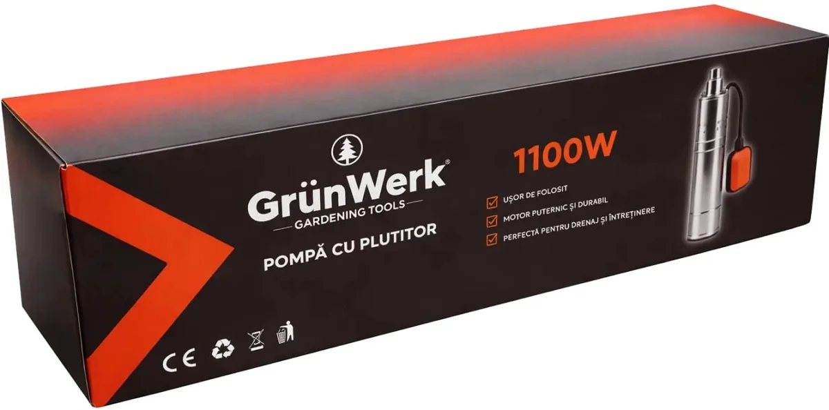 Pompa Inox Cu Snec Submersibila Cu Plutitor Automat GW GW7183, Putere 1.1KW (1100W), Cablu 9.5m, Inaltime 52cm, Latime 10cm, Circumferinta 31cm, Carcasa Otel Inoxidabil, Pentru Apa Curata Sau Usor Murdara
