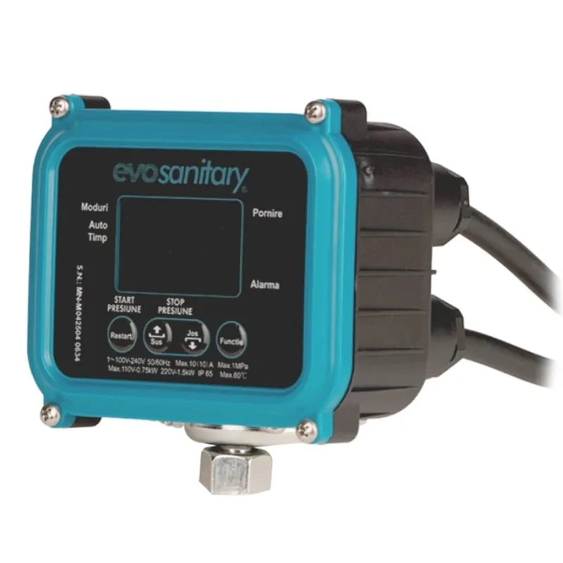 Presostat Electronic Digital Cu Afișaj Color, 220-240V, 1.5kW (10A), Presiune Reglabilă 0.5–9.5 Bar, Filet 1/4", IP65, Temperatură Max 60°C
