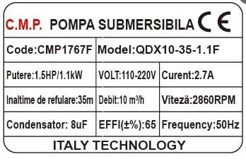 Pompa Submersibila Apa Curata Cmp1767f Qdx10-35-1.1f