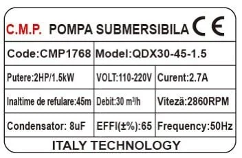 Pompa Submersibila Apa Curata Cmp1768 Qdx30-45-1.5, 1.5Kw, 2Hp, Debit 30 Mc/H, Inaltime Refulare 45m, Iesire 2" / 1.5" / 1", 2860Rpm, 110-220V, Fara Plutitor