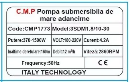 Pompa Submersibilă De Mare Adâncime CMP1773 3SDM1.8/10-30, 1500W, 4.2A, Debit 12 M³/H, Înălțime Refulare 160M, 12 Turbine, Cablu 30M, 2860RPM, 180-220V