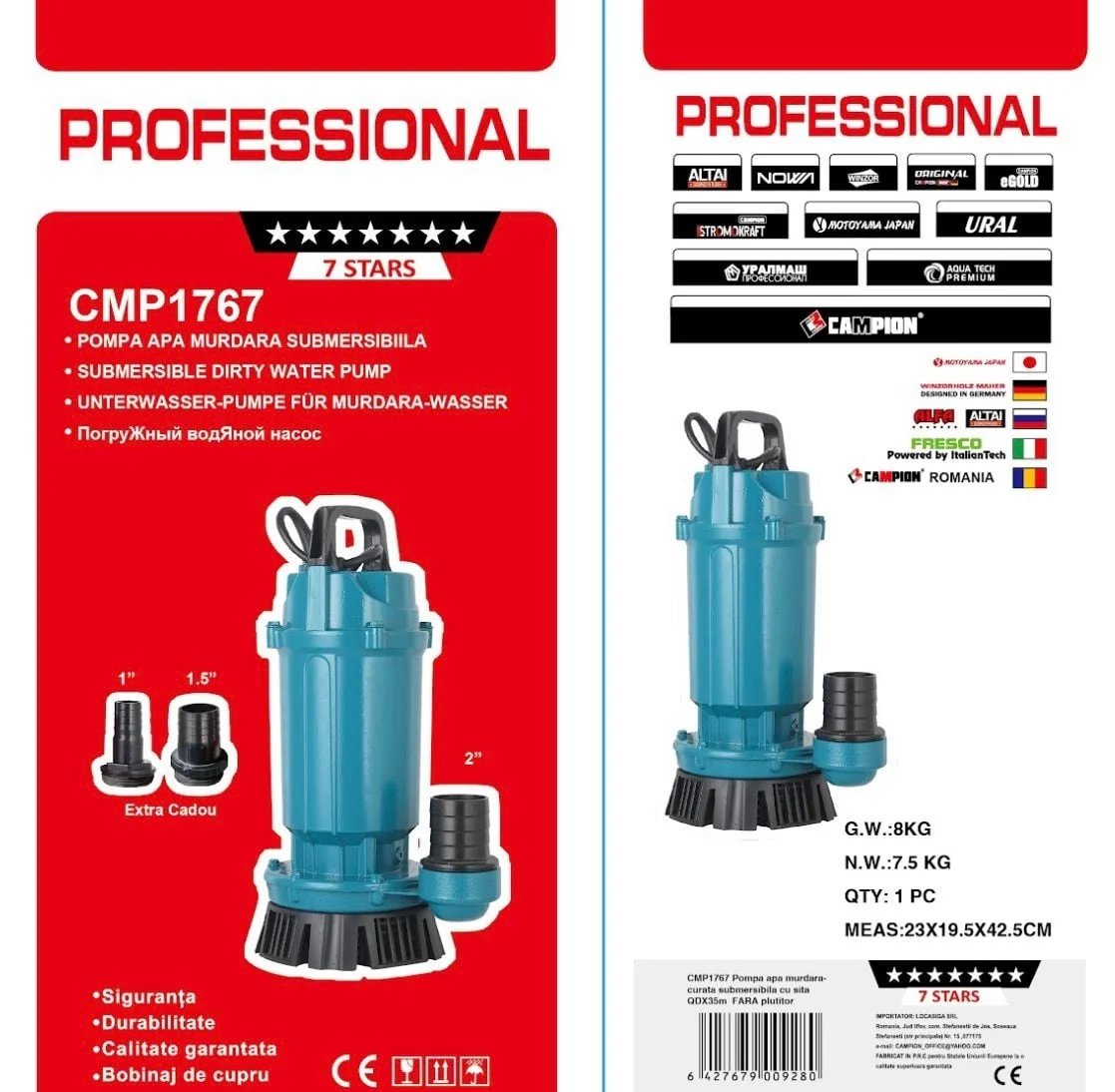 Pompa Submersibilă Apă Curată CMP1767 QDX10-35-1.1, 1.1 kW, 1.5 HP, Debit 10 MC/H, Înălțime Refulare 35 m, Ieșire 2" / 1.5" / 1", 2860 RPM, 110-220V, Fără Plutitor