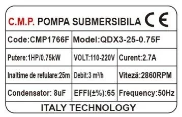 Pompa Submersibilă Apă Curată CMP1766F QDX3-25-0.75F, 0.75 kW, 1 HP, Debit 3 m³/h, Înălțime Refulare 25 m, 2860 RPM, 110-220V, Cu Plutitor