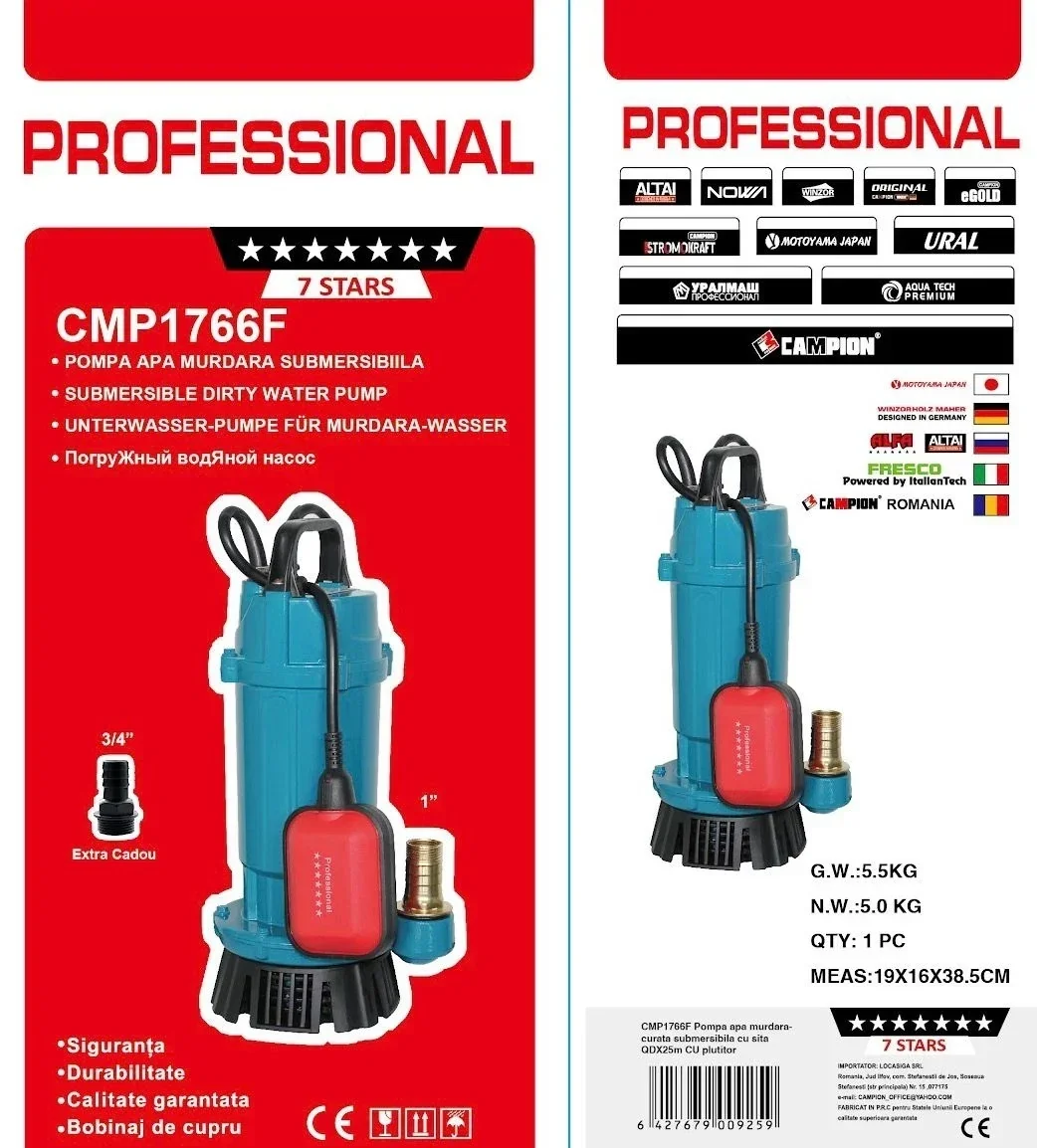 Pompa Submersibilă Apă Curată CMP1766F QDX3-25-0.75F, 0.75 kW, 1 HP, Debit 3 m³/h, Înălțime Refulare 25 m, 2860 RPM, 110-220V, Cu Plutitor