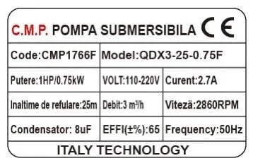 Pompa Submersibilă Apă Curată CMP1766F QDX3-25-0.75F, 0.75 kW, 1 HP, Debit 3 m³/h, Înălțime Refulare 25 m, 2860 RPM, 110-220V, Cu Plutitor