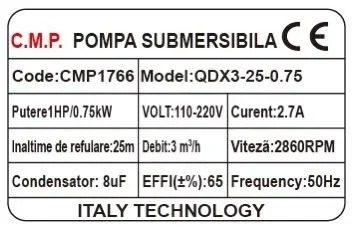 Pompa Submersibila Apa Curata CMP1766 QDX3-25-0.75, 0.75kW, 1HP, Debit 3 Mc/H, Inaltime Refulare 25m, 2860RPM, 110-220V, Fara Plutitor