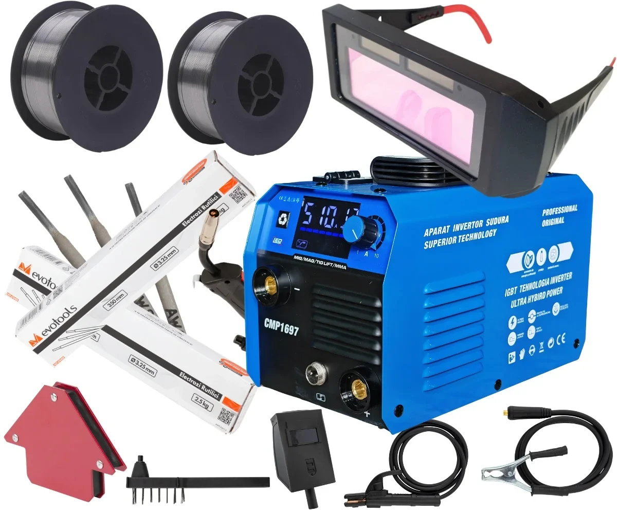 Mega Pachet Aparat De Sudura Tip Invertor Cu Sarma 510A, + X2 Sarma 1.0mm, X2 Electrozi 2.5mm, Ochelari Automati, Magnet MMA/MIG/MAG/TIG CablU Sudura 3M, Afisaj Digital, Ventilat, URALMASH IGBT Tehnology Ultra Hybrid Power, CMP1697