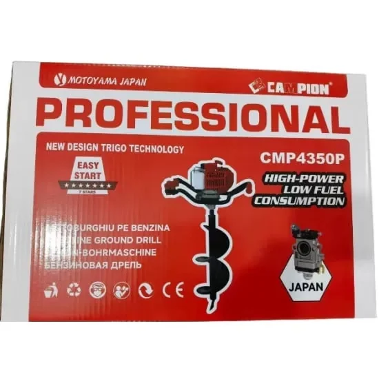 Motoburghiu Pe Benzina (Foreza) Campion CMP4350P GT-4350, 8.5CP, Motor 2 Timpi 52CC, 9200RPM, Burghie 100-300mm, Adancime 800mm, Rezervor 1.2L, 12kg, Model Rosu Trigo