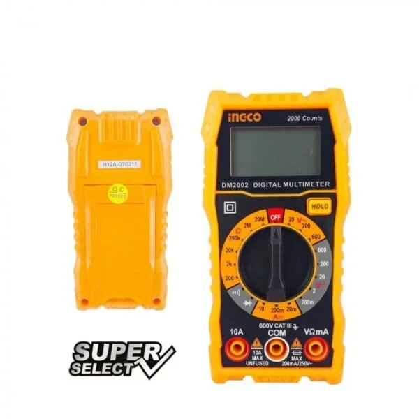Multimetru Digital Ingco DM2002 SuperSelect 200 DC 600V AC 600V 10A, Rezistenta 20M Ohm, Afișaj LCD, Carcasa Antisoc, Gama Semiprofesionala