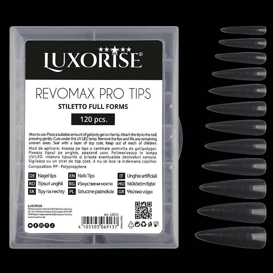 Tipsuri Reutilizabile Polygel &amp; Gel REVOMAX PRO TIPS LUXORISE Stiletto Full Forms, 120 buc