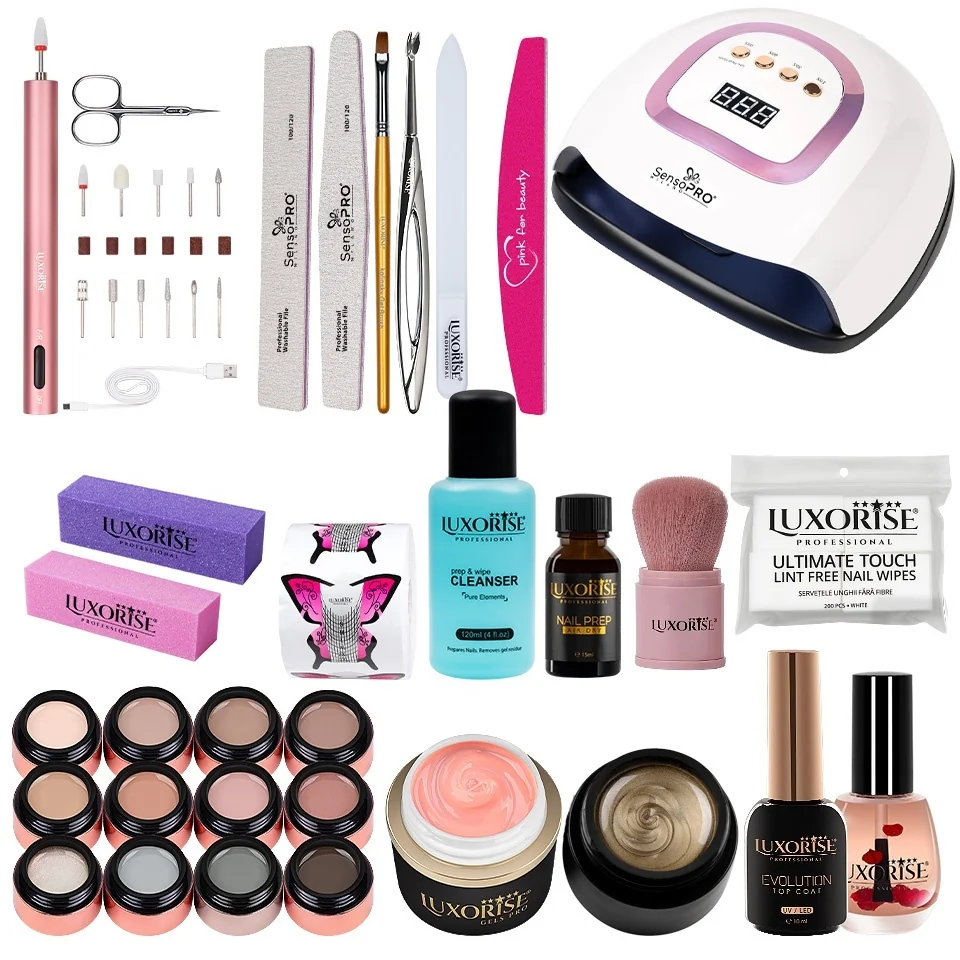 Kit Unghii Gel LUXORISE Exclusive Elite + Freza &amp; Lampa UV / LED