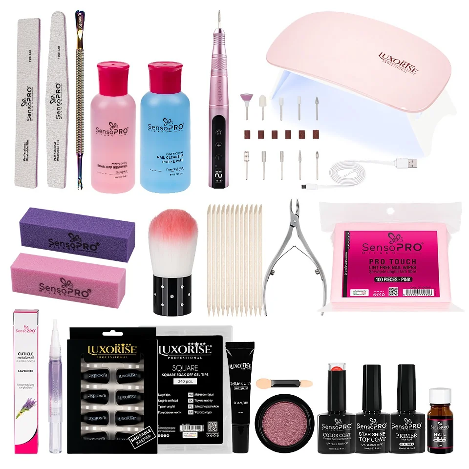 Kit Unghii False cu Tipsuri Soak Off Expert Nails + Freza &amp; Lampa UV LED
