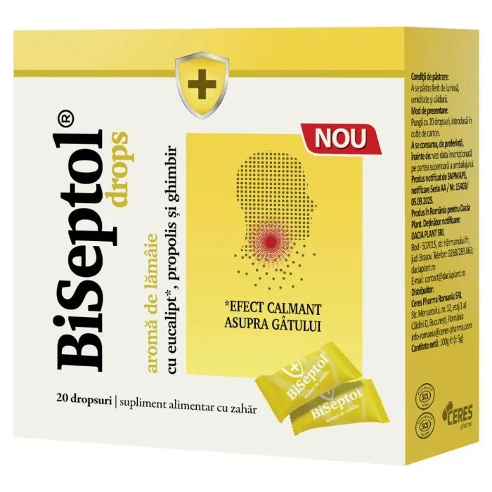 Biseptol drops aroma lamaie cu eucalipt, propolis si ghimbir 20 dropsuri, Dacia Plant