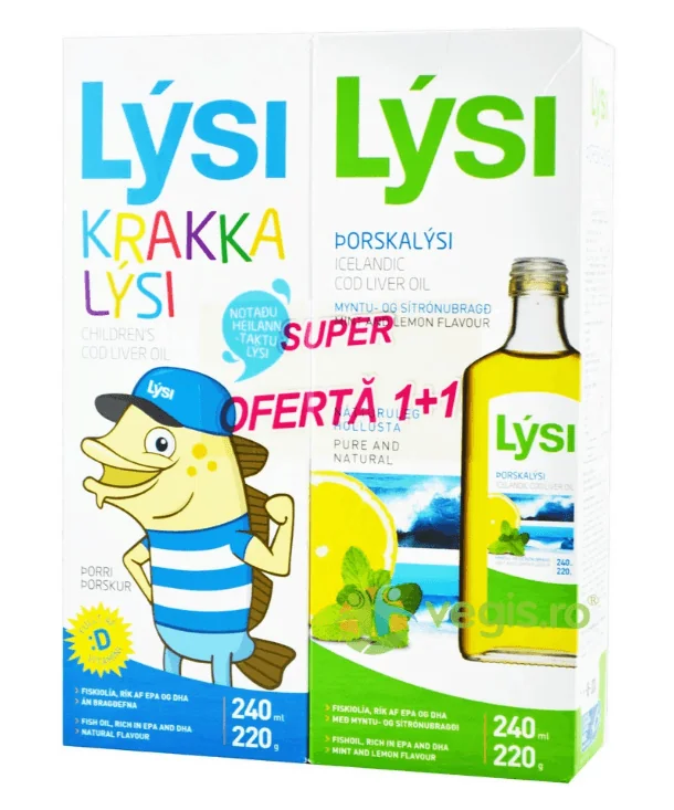 Ulei din ficat de cod copii 240ml + Ulei din ficat de cod cu lamaie si menta 240ml pachet