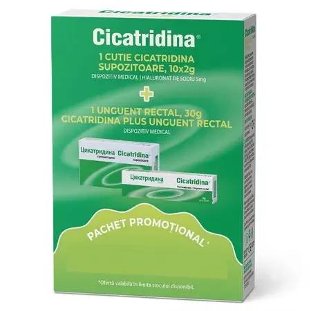 Cicatridina supozitoare rectale 10 buc + Cicatridina plus unguent rectal 30g - 50% din al doilea ,pachet