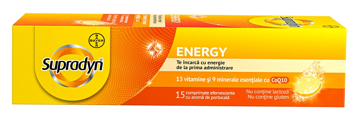 Supradyn Energy Multivitamine – Complex de Vitamine B - Coenzima Q10 - 13 Vitamine – 9 minerale - Boost de energie 15 comprimate efervescente