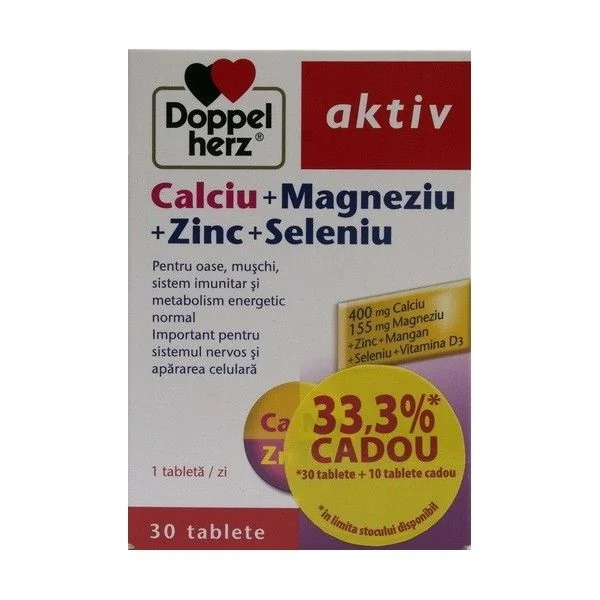 Doppelherz Aktiv Calciu + Magneziu + Zinc + Seleniu 30 tablete + 10 tablete Cadou