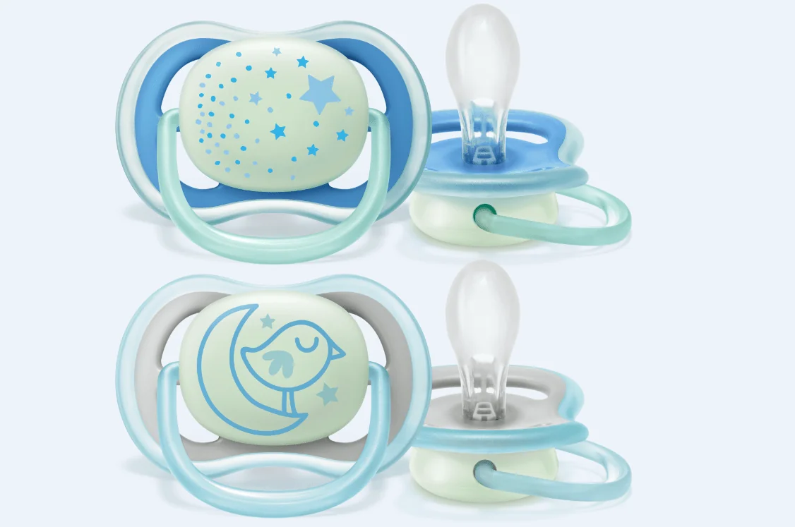 Avent SCF376/21 Suzeta ultra air 6-18 luni cu inel fosforescent pentru baieti 2 bucati