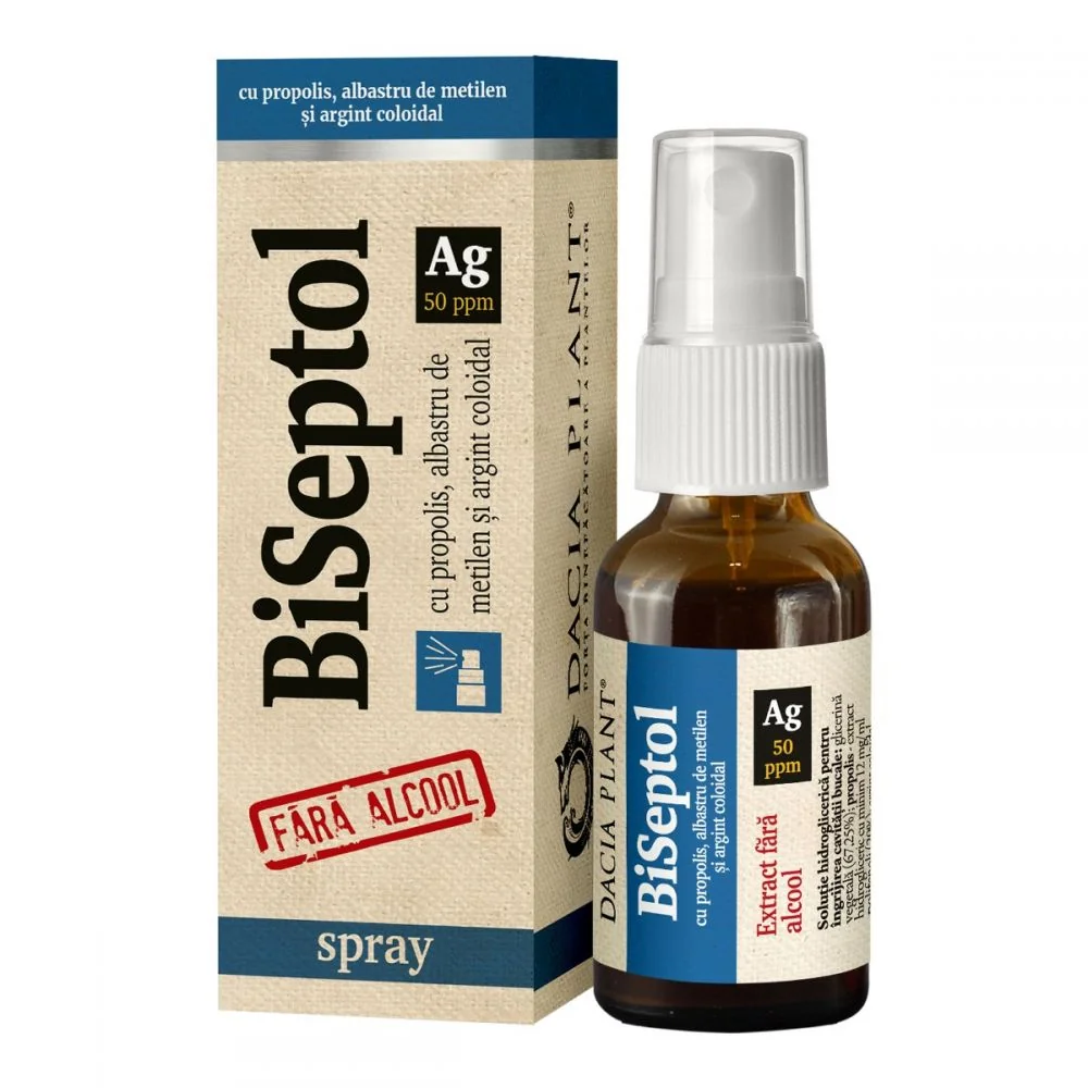 Biseptol Spray cu propolis, albastru de metilen si argint coloidal 50 PPM 20 ml