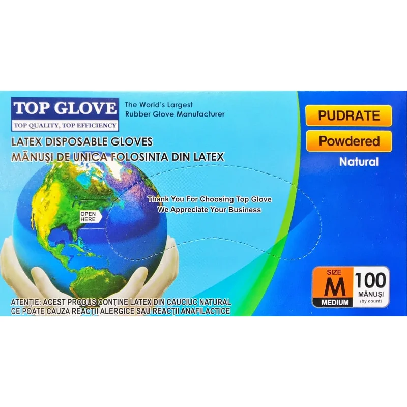 Manusi Examinare latex pudrate ''M'' - Top Glove 100 bucati