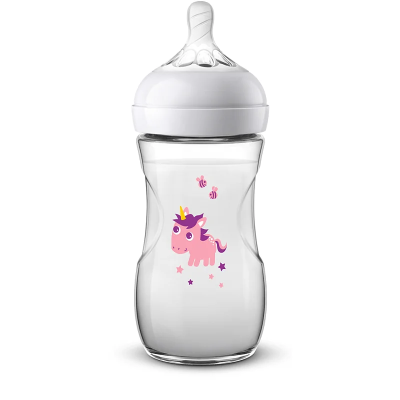 Avent Natural SCF070/25 Biberon cu tetina ultra soft imprimeu unicorn roz mov 260 ml