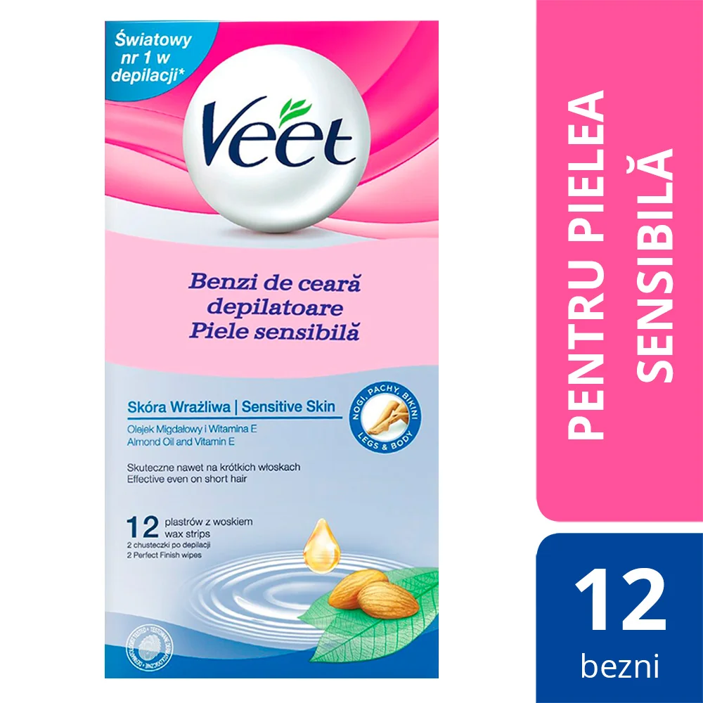 Veet Benzi de ceara rece cu Vitamina E si Ulei de Migdale piele sensibila 12 benzi