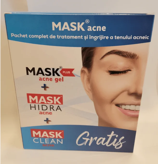 Mask Pachet Mask Plus Gel 30 ml + Mask Hidra Acne Emulsie hidratanta 50 ml + Mask Clean Acne Gel purifiant 150 ml Cadou