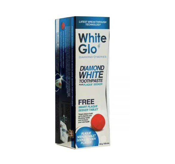 White Glo Diamond Plus Plaque Seeker Pasta de dinti 60 ml + Pastila testare placa bacteriana