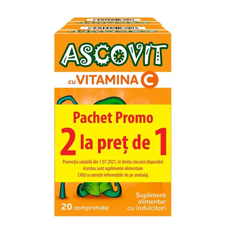 Ascovit cu aroma de piersica 100 mg 20 comprimate Oferta 2 la pret de 1