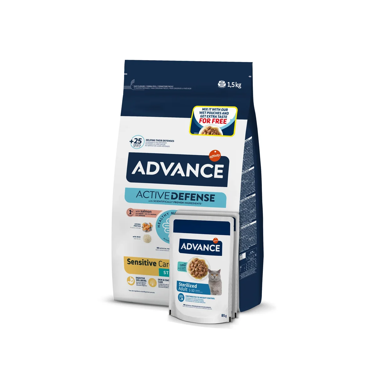 Advance Cat Sterilized Somon Sensitive 1.5 kg + 2 Plicuri Sterilized Cod 85 g