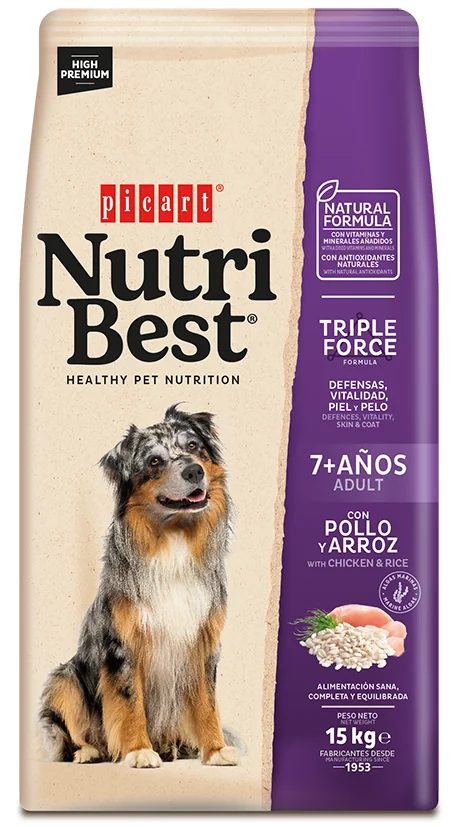 Hrana Uscata Caini Premium, NutriBest Adult Dog 7+, Pui si Orez, 15 kg