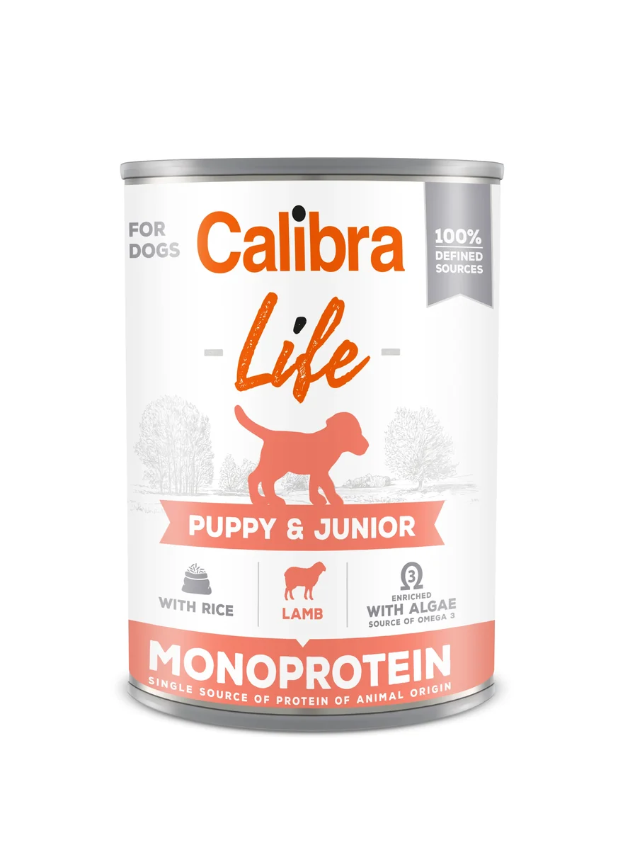 Calibra Dog Life Puppy & Junior, Lamb & Rice 400 g, conserva