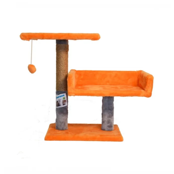 Ansamblu de joaca pentru pisici tip coloana cu canapea dubla si ciucure culoare portocaliu cu gri  50 x 38 x 30 cm