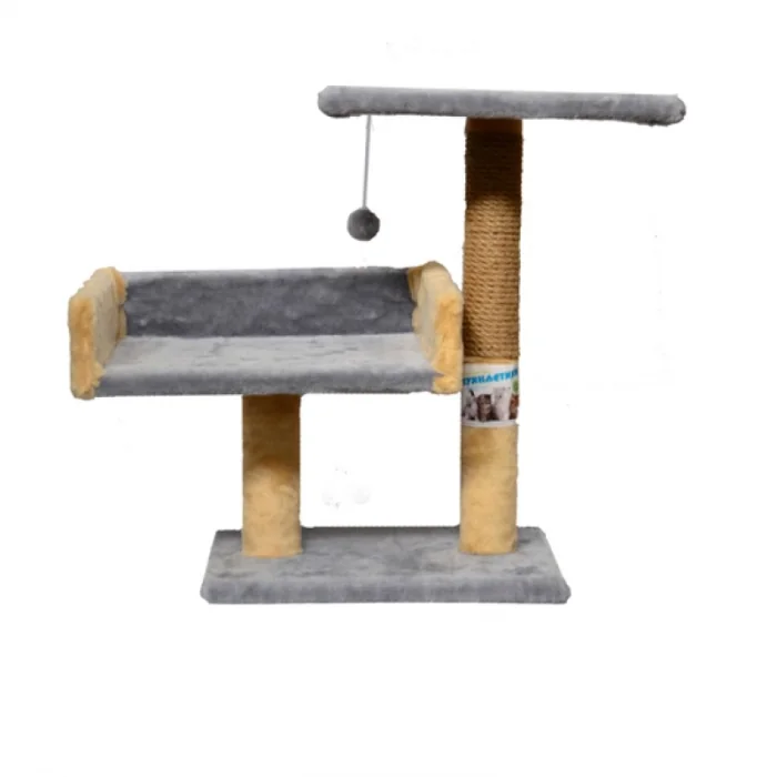 Ansamblu de joaca pentru pisici tip coloana cu canapea dubla si ciucure culoare bej cu gri  50 x 38 x 30 cm